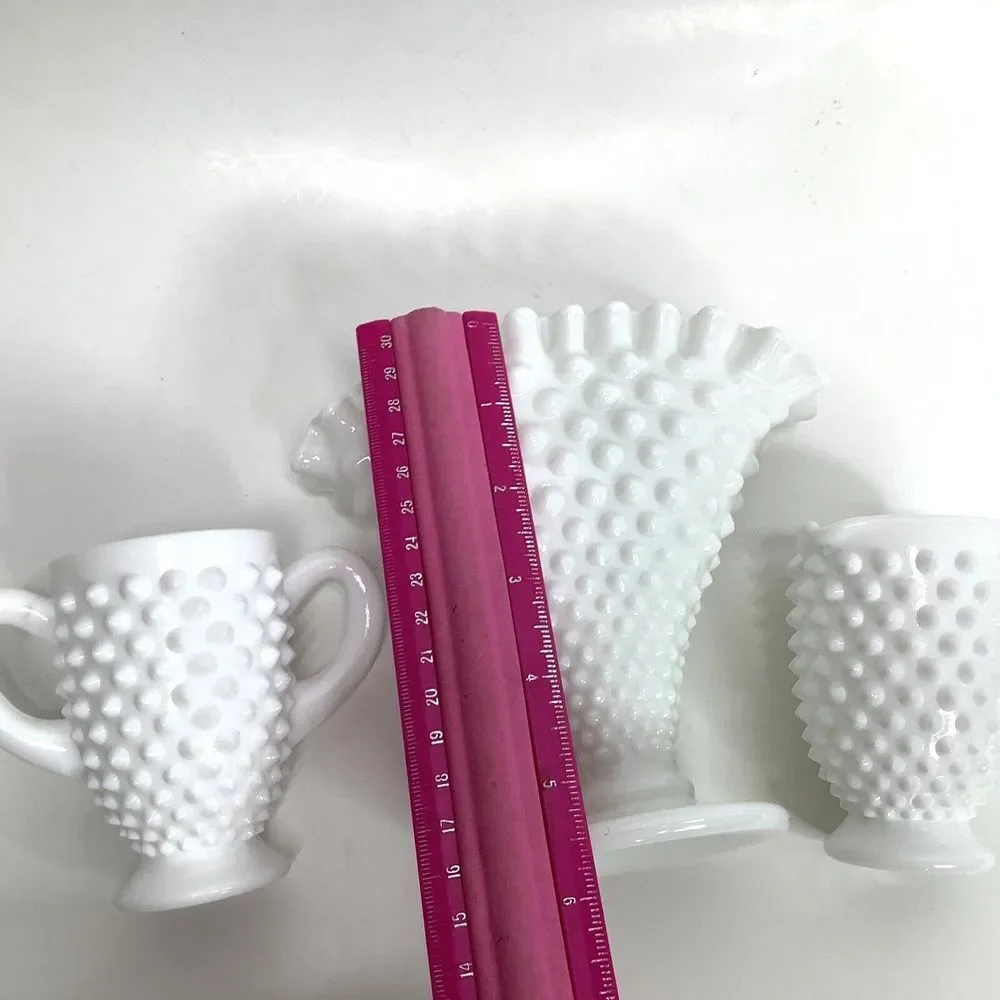 3 Hobnail Fenton Ruffled White‎ Milk Glass Creamer Sugar Cup Fan Vase Fenton?